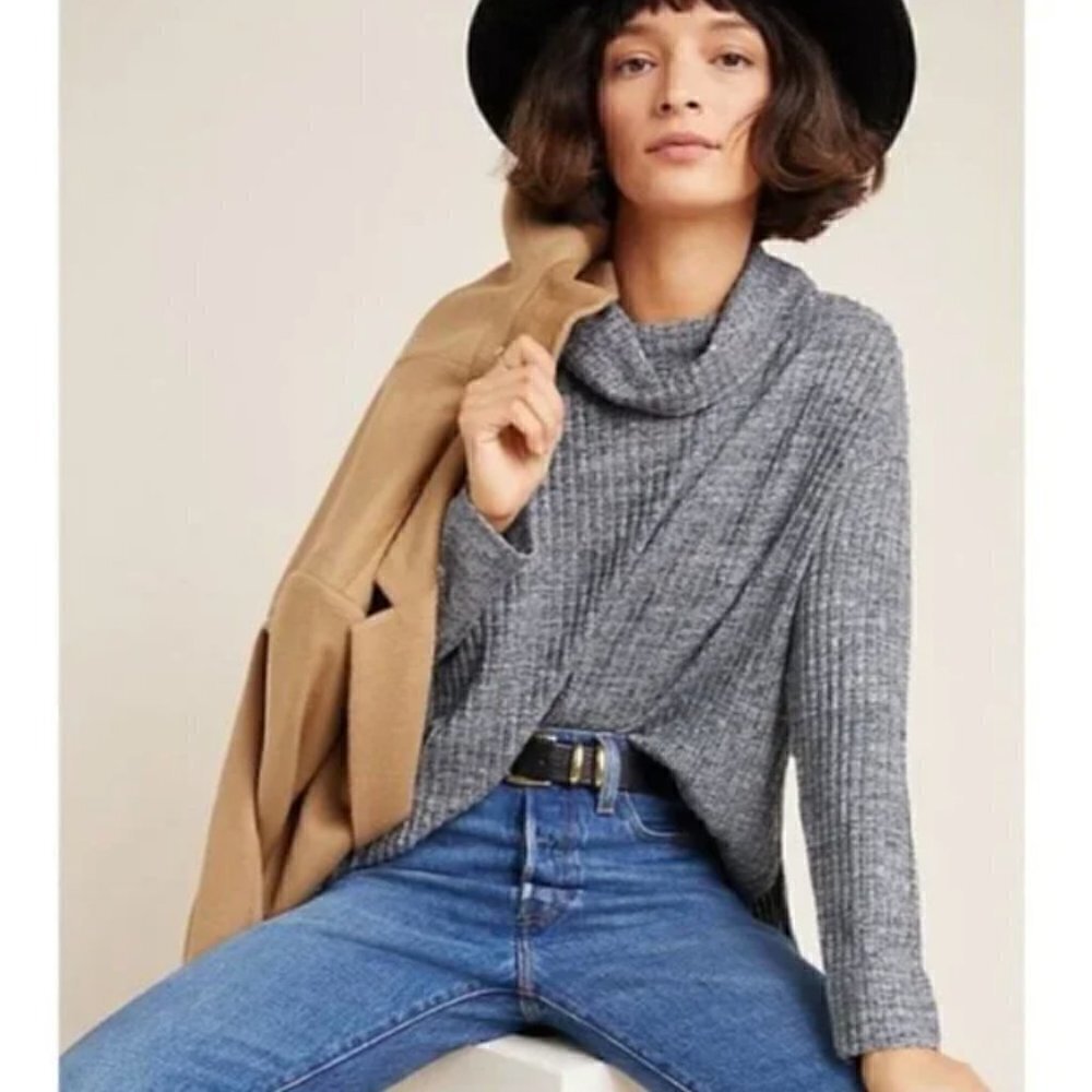 Anthropologie Maeve Gray Cowl Neck Ribbed Pullover Lightweight Long Sleeve S